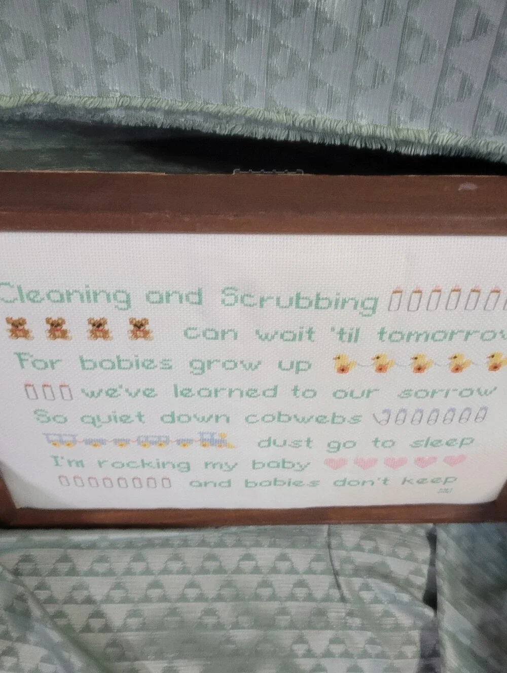 Vintage Framed Handmade Cross-Stitch Baby Lyrics Wall Art in Green and Pink